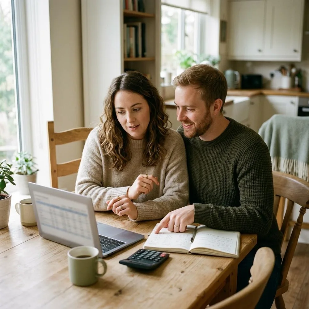 AI illustration of an engaged couple reviewing wedding costs at home with a laptop and notebook