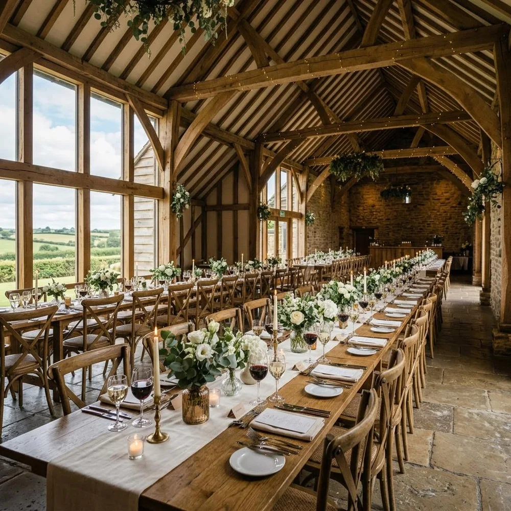 AI illustration of reception tables set with flowers and candles in a countryside barn