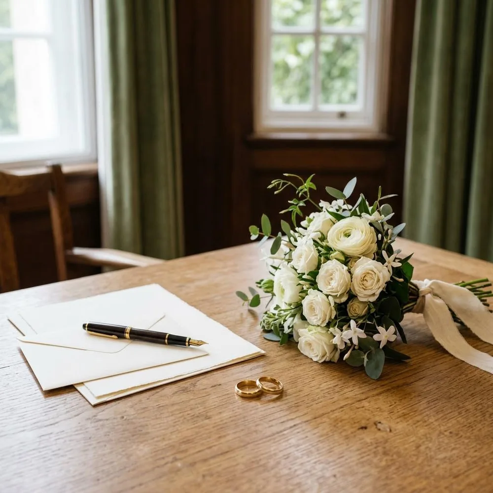 AI illustration of wedding rings, a pen and cream stationery in a simple ceremony setting
