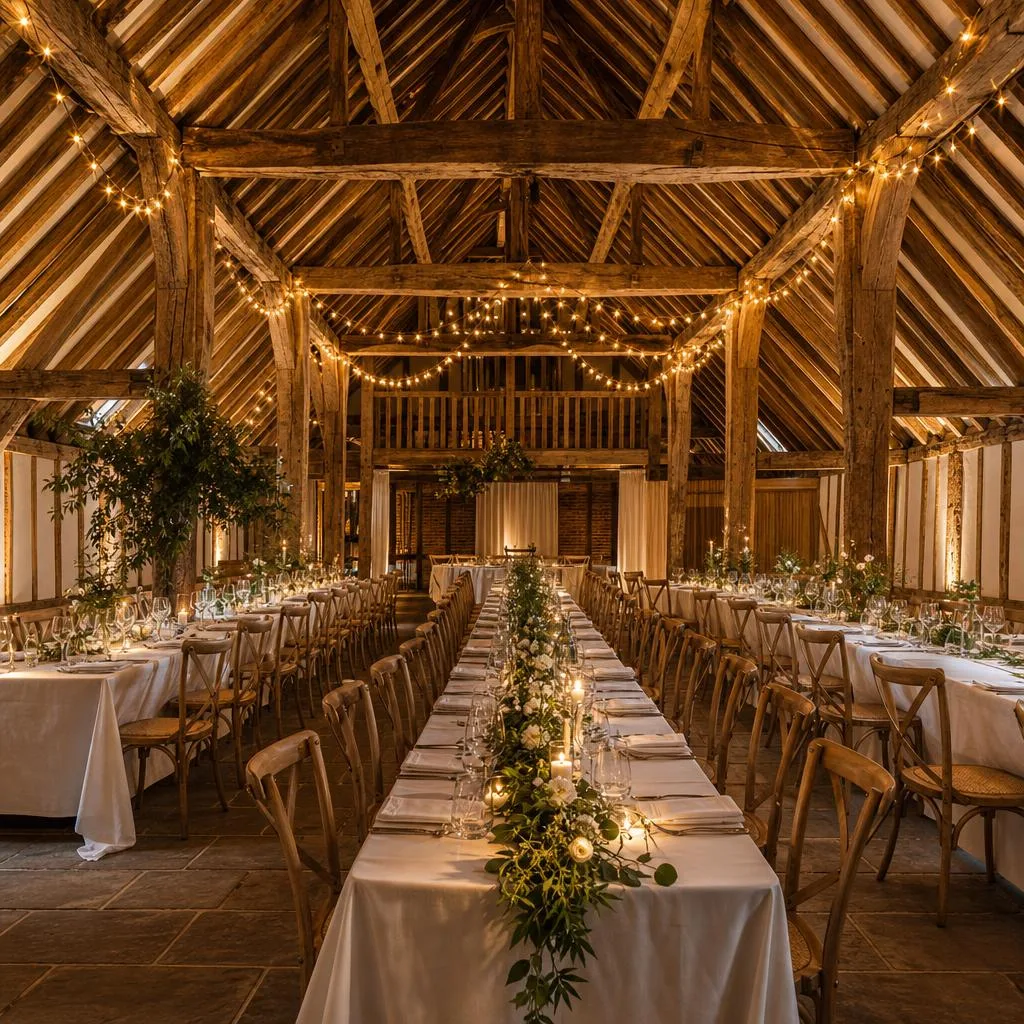 Restored Tudor barn interior at Barns & Yard, Hanley Hall, set up for a wedding reception