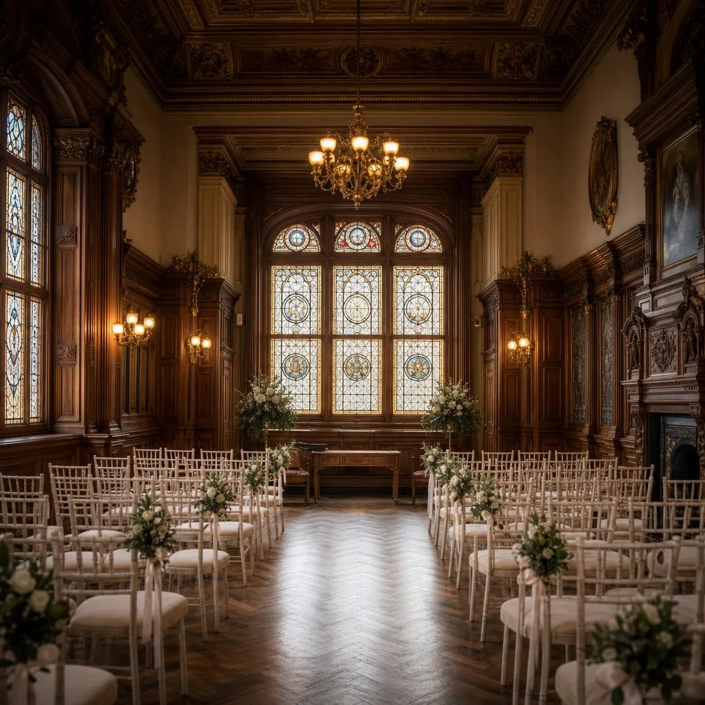 Interior of the Elgar Room at Malvern Council House, showing Victorian panelling used for wedding ceremonies