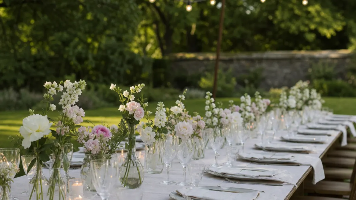 AI-generated outdoor wedding table with ivory linen, seasonal flowers in bud vases and glassware