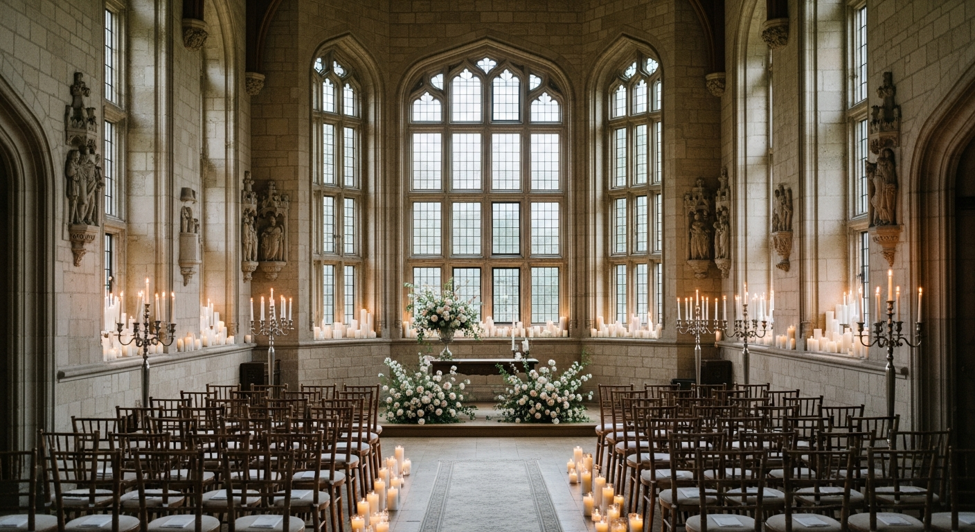 Grade I listed castle great hall set for a wedding ceremony at Hartlebury Castle near Stourport-on-Severn