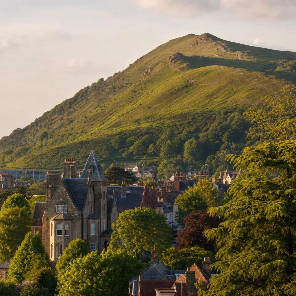 The Malvern Hills rising behind a wedding venue in Malvern, Worcestershire, showing the hillside setting