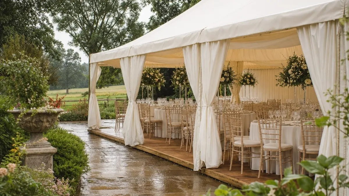 AI-generated open-sided wedding marquee with set tables and dry flooring beside a rain-wet garden path
