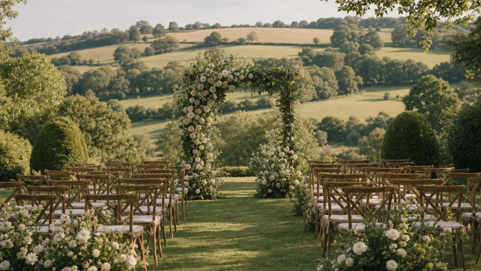 AI-generated garden wedding ceremony with wooden chairs, a floral arch and rolling English countryside