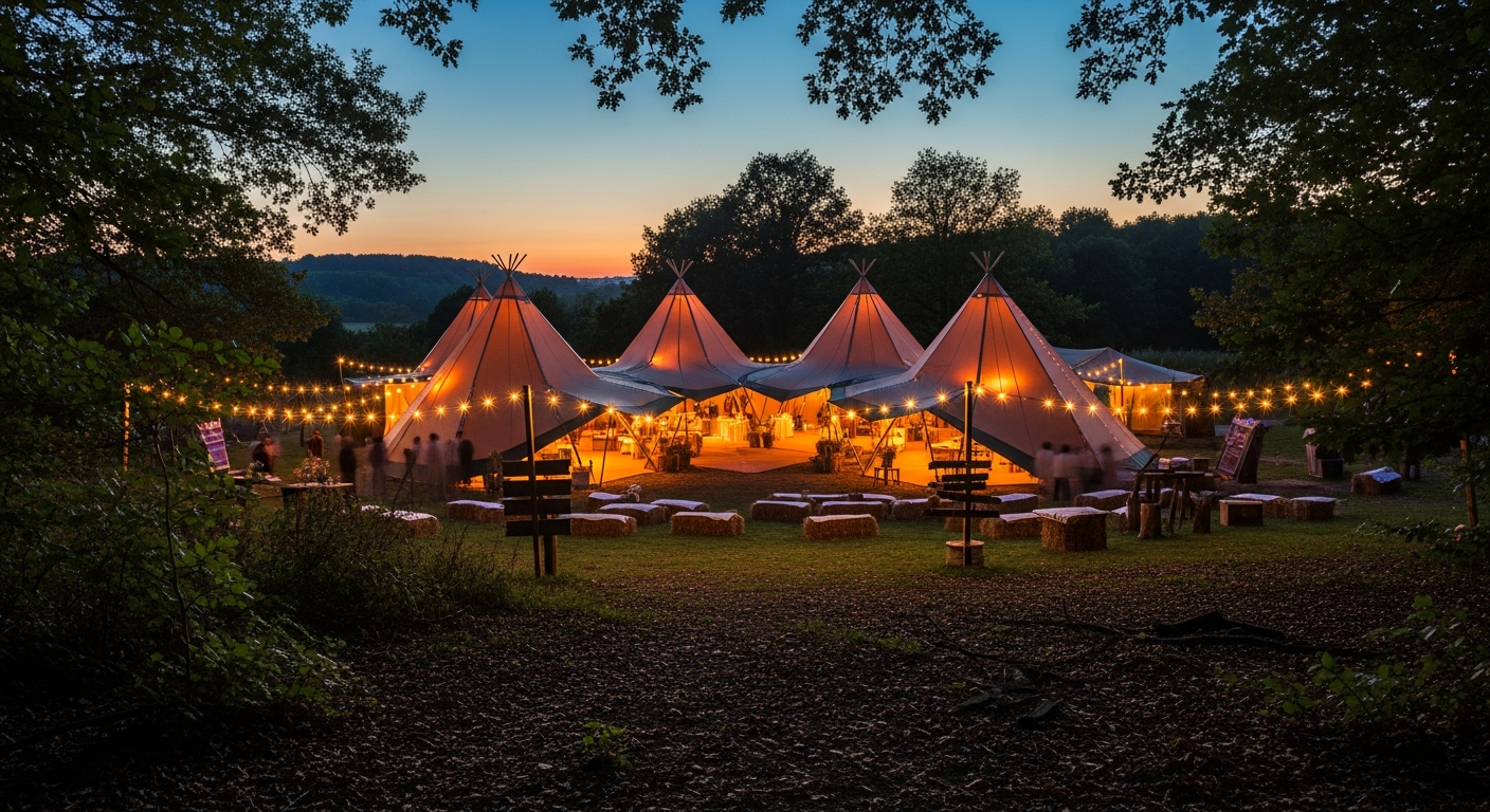 Outdoor tipi wedding venue in a forest clearing overlooking Wyre Forest near Stourport-on-Severn