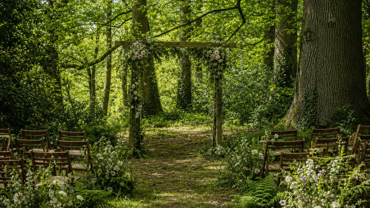 AI-generated woodland wedding ceremony with wooden chairs and a floral frame beneath leafy trees