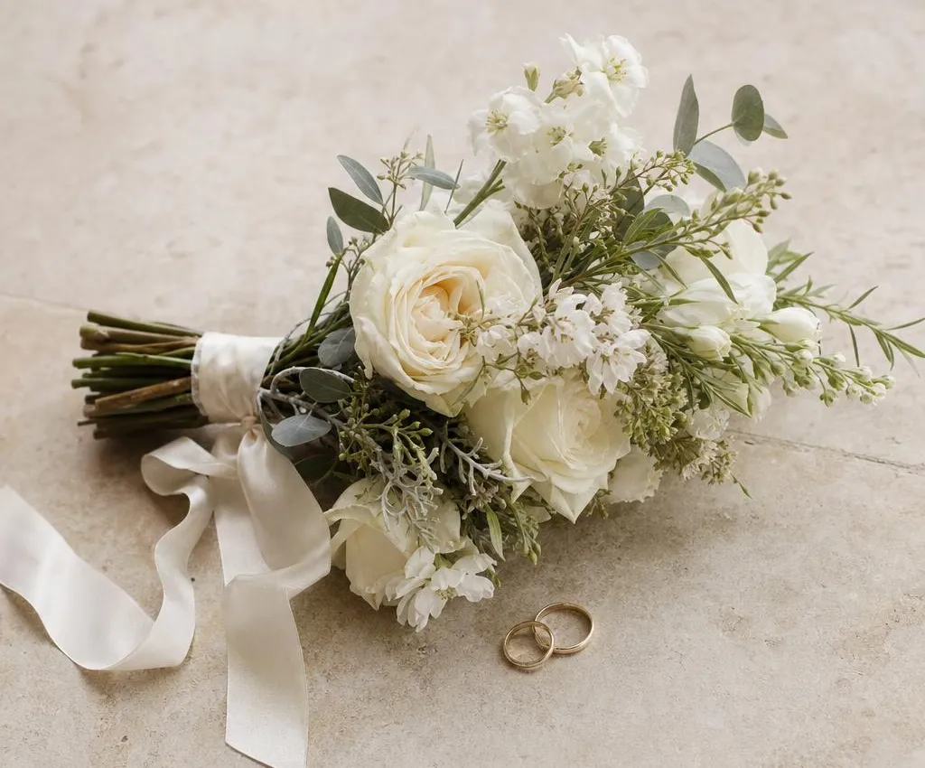 Ivory bridal bouquet with satin ribbon and two gold wedding rings on pale stone