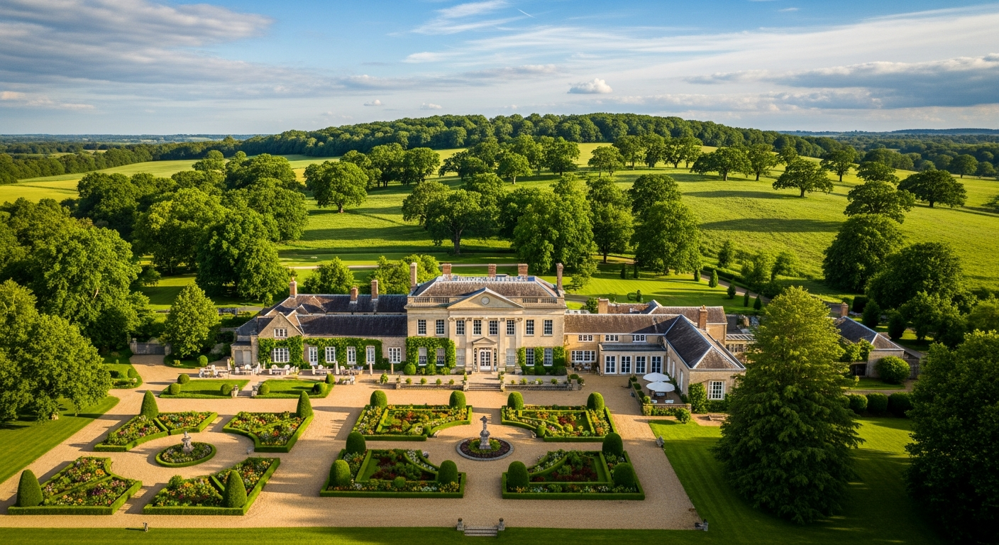 Aerial drone view of a Georgian manor house wedding venue surrounded by manicured gardens and rolling Worcestershire countryside