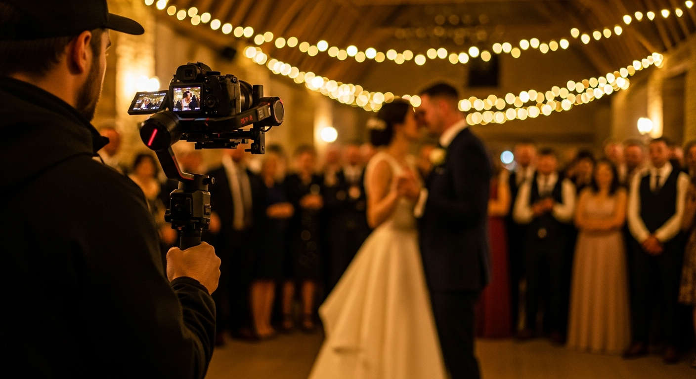 Wedding videographer capturing a couple's first dance at a fairy-light decorated barn reception in Worcestershire